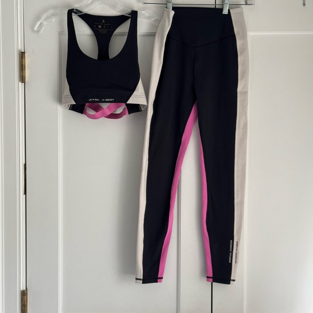 Spiritual Gangster Black White and Pink Women's Sports Bra and Leggings Set